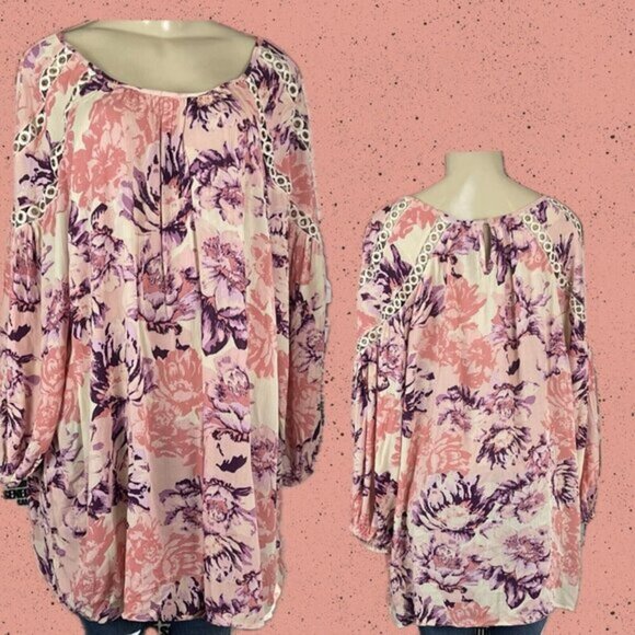 Roaman's +24W Pink-Purple Floral Scoop Neckline Grommet Detail 3/4 Sleeve Blouse - Picture 1 of 6